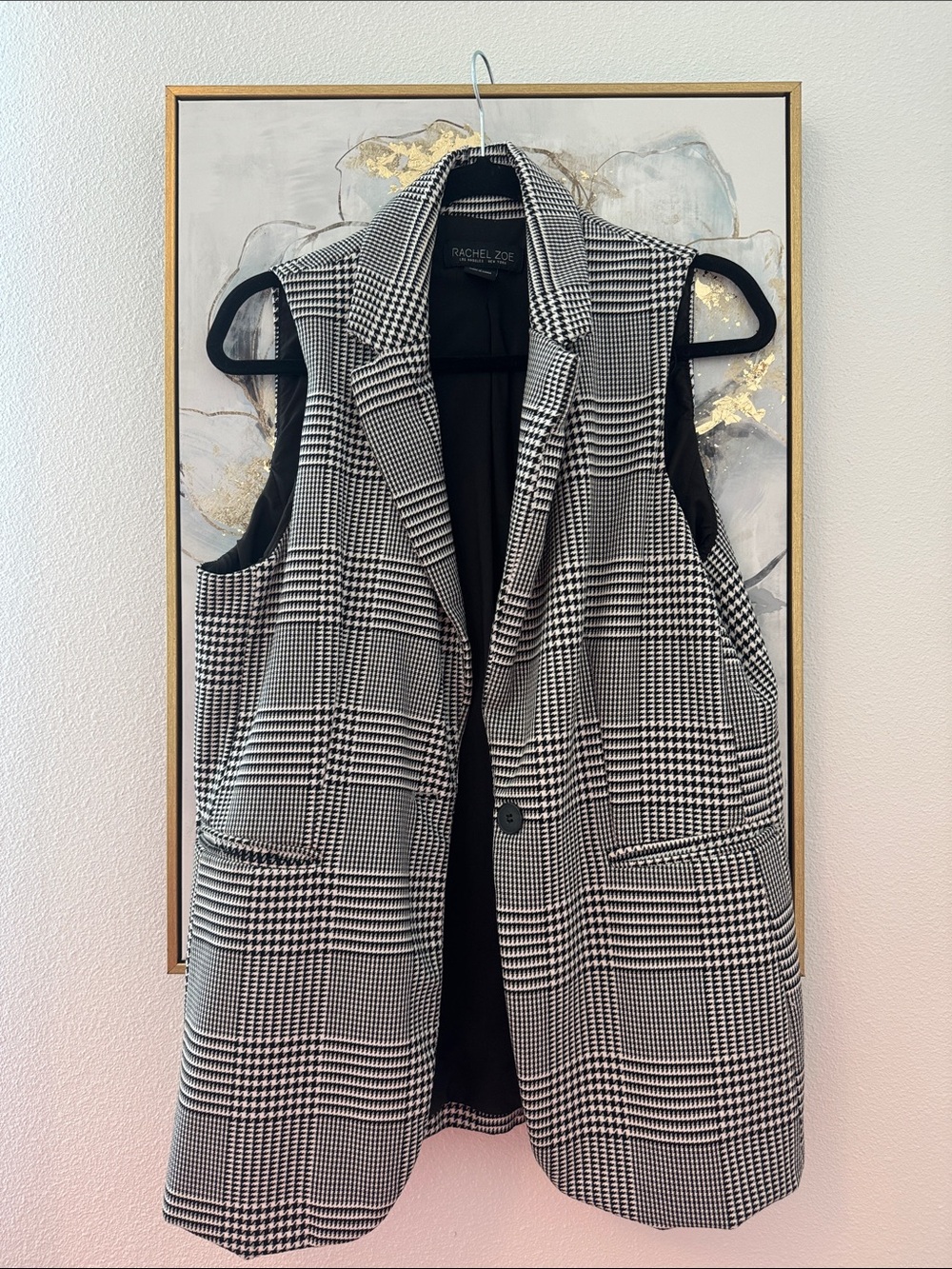 6/14 Rachel Zoe Black and White Glen Plaid Sleeveless Blazer